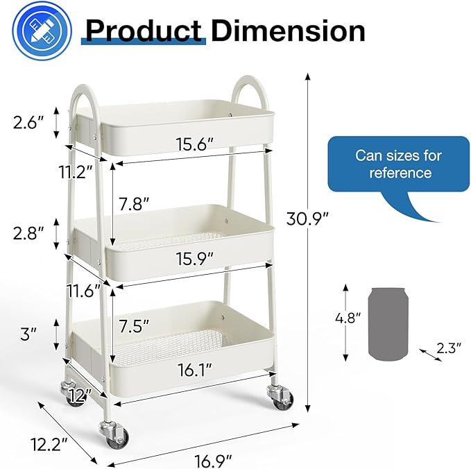 OLIXIS 3 Tier Utility Rolling Cart, Metal Mobile Storage Shelf - Image 4