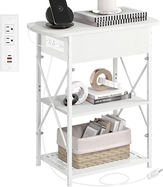 Narrow Side Table with Charging Station, End Table with 3 USB Ports and 2 AC by Livofloral