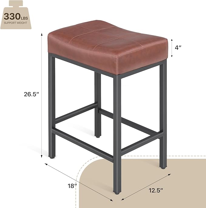 Athena Collection Counter Height Bar Stools Set of 2, 26 Inches Saddle Bar - Image 3
