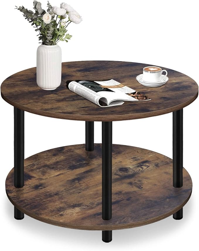 Small Round Coffee Table for Small Space, 23.5" 2-Tier Rustic Brown Wooden by Vanrohe