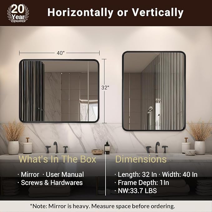 ANDY STAR 40X32 Inch Black Bathroom Mirror, Rounded Rectangle Mirror - Image 2