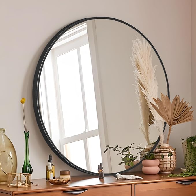 34inch Bathroom Round Mirror, Wall Mounted Vanity Mirror, Steel Frame, Steel by Janboe