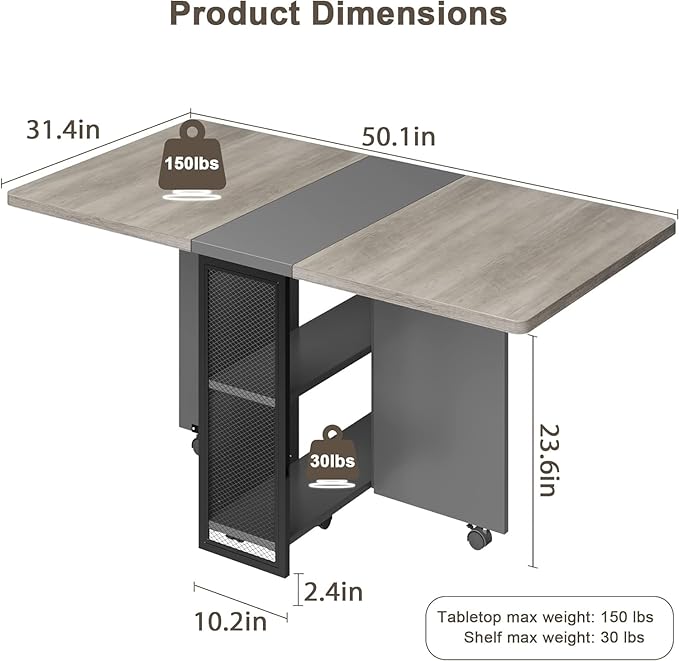 IDEALHOUSE Folding Dining Table, Drop Leaf Dining Table - Image 2