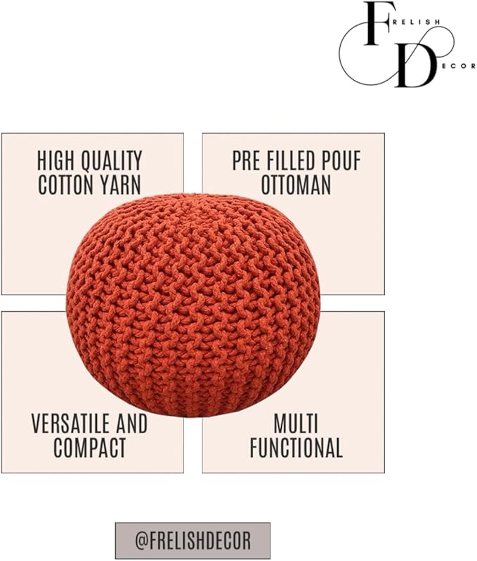 FRELISH DECOR Round Pouf Ottoman Hand Knitted 100% Cotton Pouf Foot Stool - Image 3