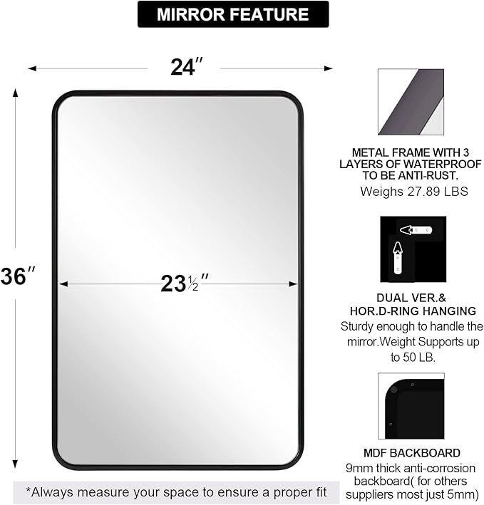 ANDY STAR Mirror for Bathroom 24X36 Inch, Matte Black Mirror Rounded Rectangle - Image 2