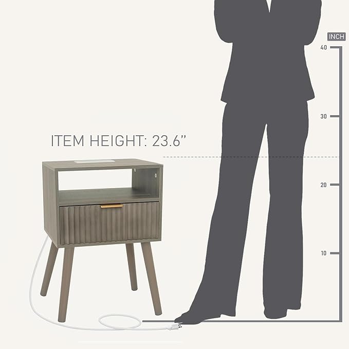 Night Stand with Charging Station, Modern Bedside Table with Drawer and Solid - Image 7