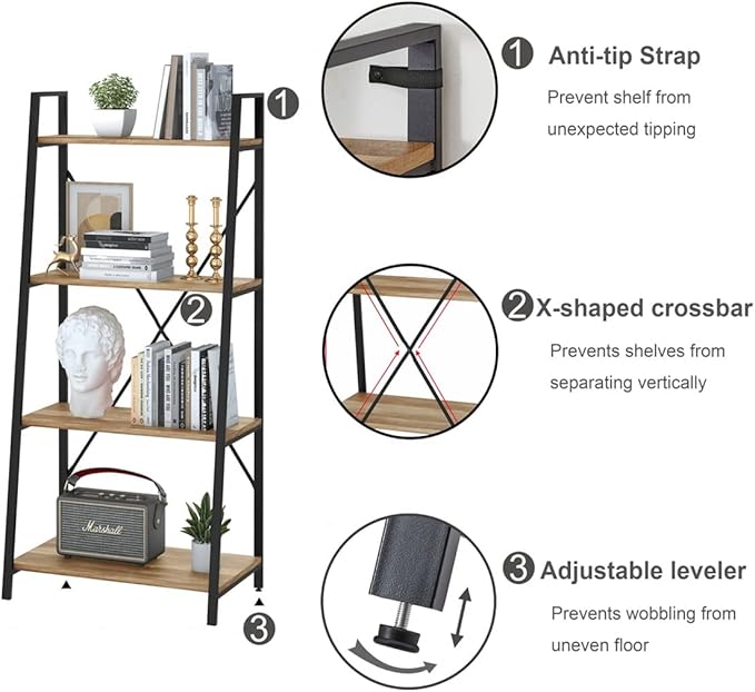 BON AUGURE Farmhouse Ladder Shelf Bookcase, 4 Tier Rustic Ladder Bookshelf - Image 5