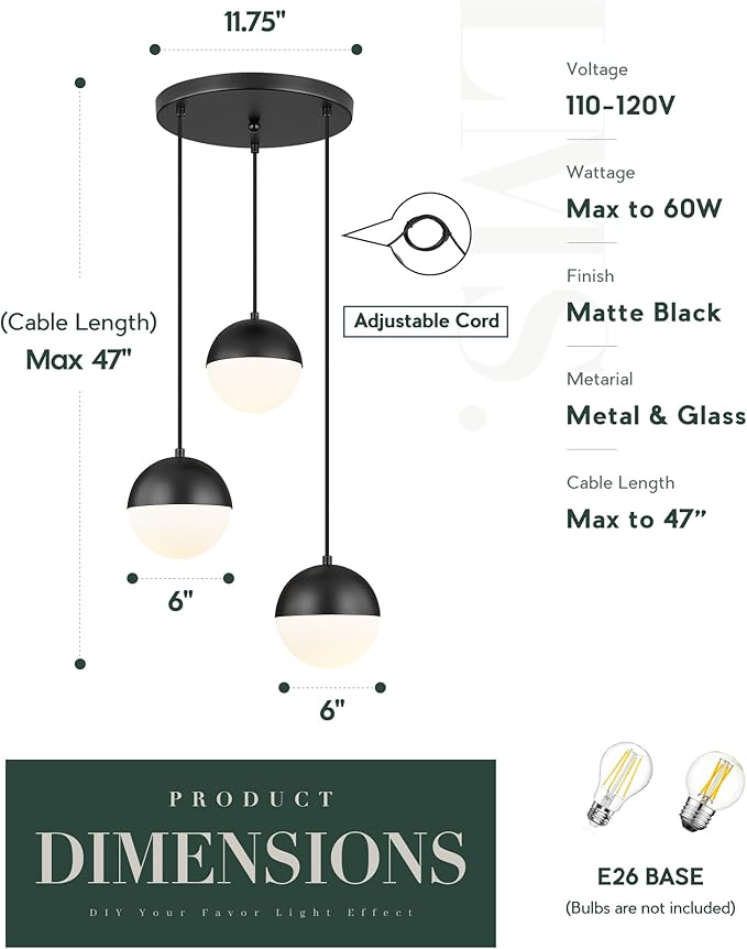 LMS Mid Century 3-Light Cluster Pendant Lights, Matte Black Kitchen Island - Image 4