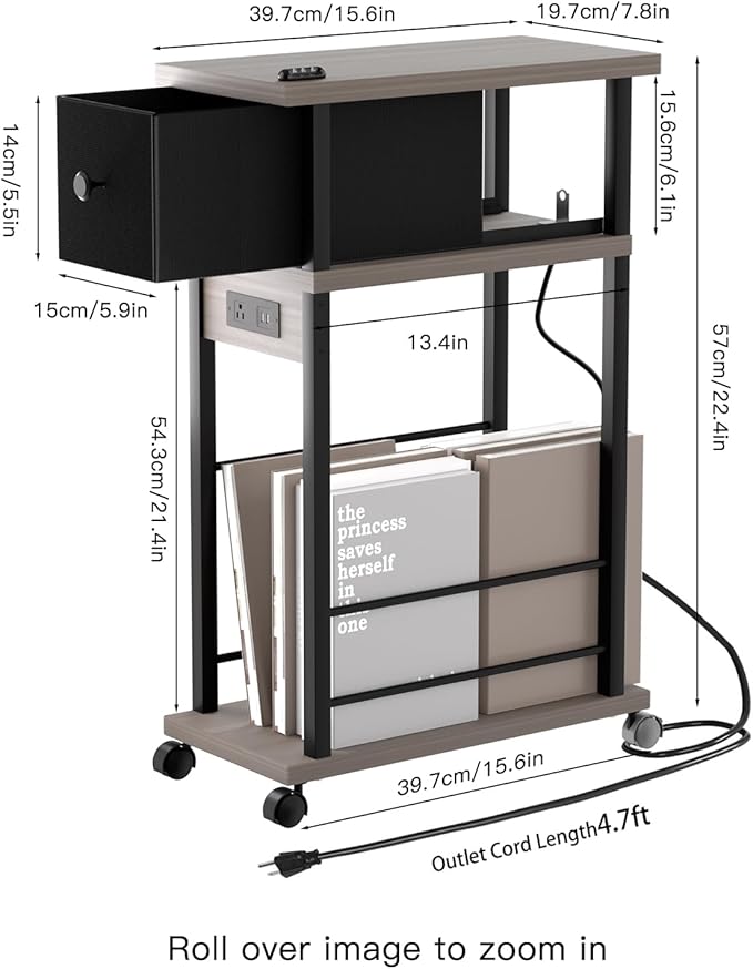 Side Table with Charging Station and Drawer, Narrow End Table with USB Ports - Image 3