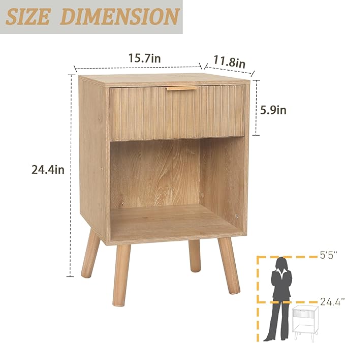 Night Stand with Drawer, Mid Century Nightstand with Storage, Modern Fluted - Image 4