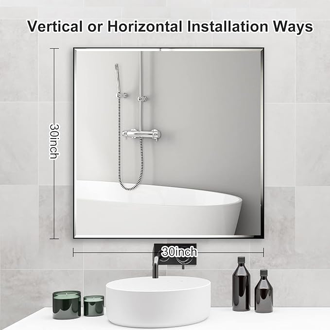 30x30 Inch Black Mirror with Beveled Trim, Aluminum Frame Bathroom Vanity Mirror - Image 6