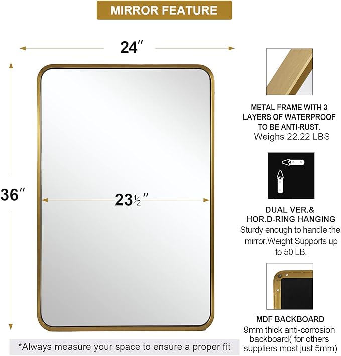 ANDY STAR Brushed Gold Mirrors for Bathroom, 24x36’’ Rounded Rectangle Mirror - Image 2
