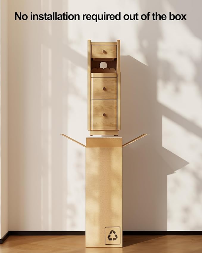 Narrow Nightstand with 3 Drawers, Solid Wood Small Nightstand Natural, Modern - Image 7