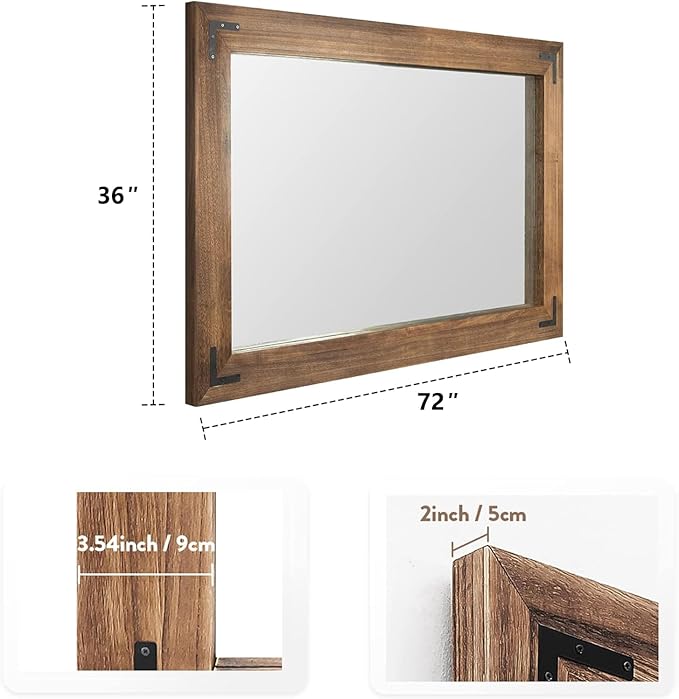YOSHOOT Rustic Wooden Framed Wall Mirror, Natural Wood Bathroom Vanity Mirror - Image 4