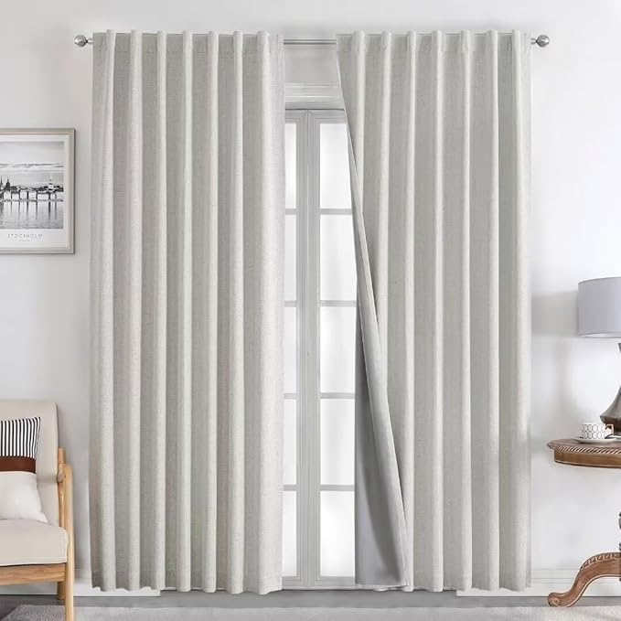 Joydeco Natural Linen Curtains 84 inch Length 2 Panels Set Burg 100% Blackout by JOYDECO