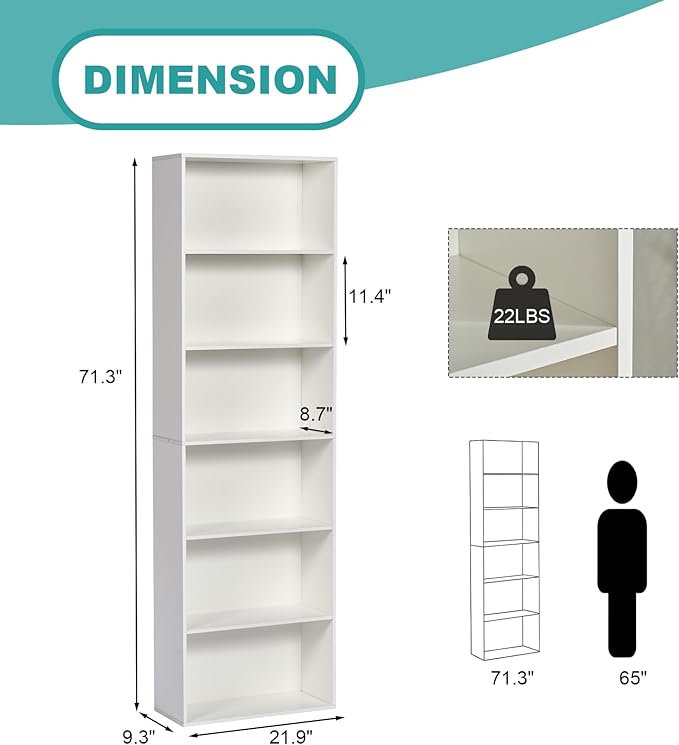 6-Tier Book Shelf, Floor Standing Open Bookcase, Wooden Display Storage Shelves - Image 2