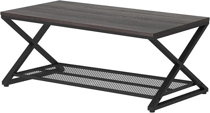 LVB Industrial Grey Coffee Table, 2 Tier Wood Metal Living Room Table, Wooden - Image 9