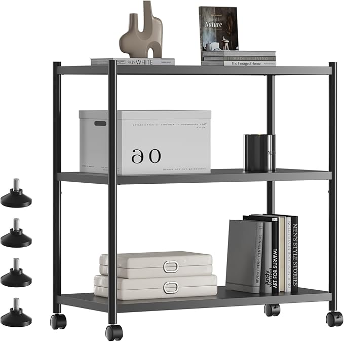 ZZL 3 Tier Small Bookshelf 31.49" Width, Metal Bookcase w/Wheels, Industrial by ZZLZoneZestLifeforU