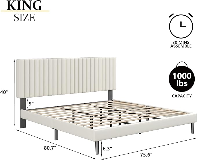 King Size Bed Frame with Velvet Upholstered Headboard, Platform Bed with Strong - Image 2