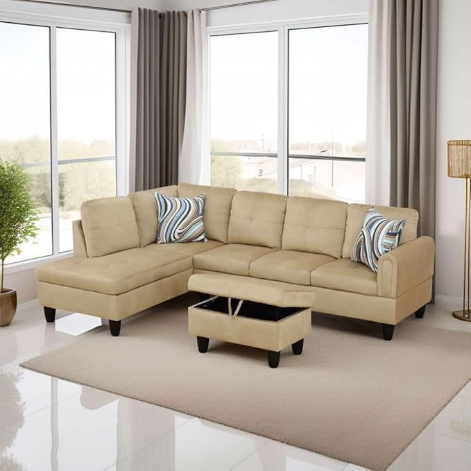Beige L-Shaped 3-Piece Flannel Sofa by Unknown