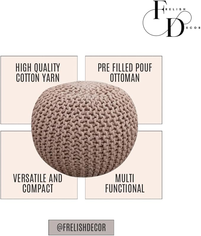 FRELISH DECOR Round Pouf Ottoman Hand Knitted 100% Cotton Pouf Foot Stool - Image 5