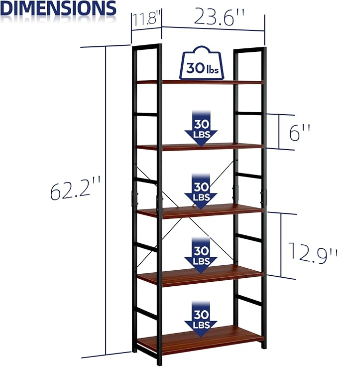 NUMENN 5 Tier Bookshelf, Tall Bookcase Shelf Storage Organizer, Modern Book - Image 3