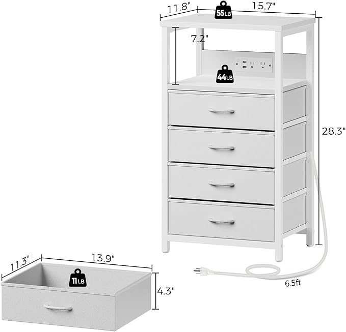 Seventable Night Stand with Charging Station, Tall Nightstand with 4 Fabric - Image 3