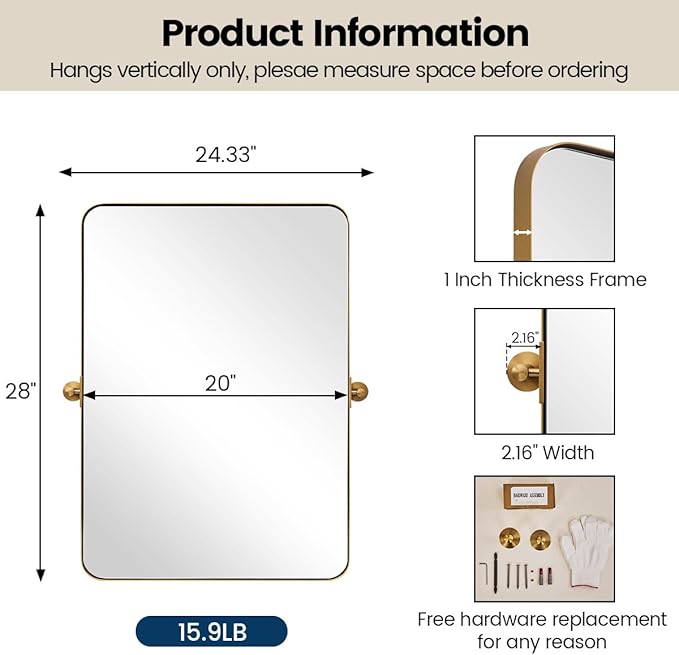 MOON MIRROR 20" x 28" Brushed Gold Metal Framed Pivot Rectangle Bathroom Mirror - Image 3