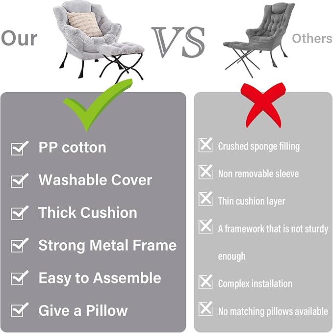 Lazy Chair with Ottoman, Modern Large Accent Lounge Chair with a Pillow - Image 5