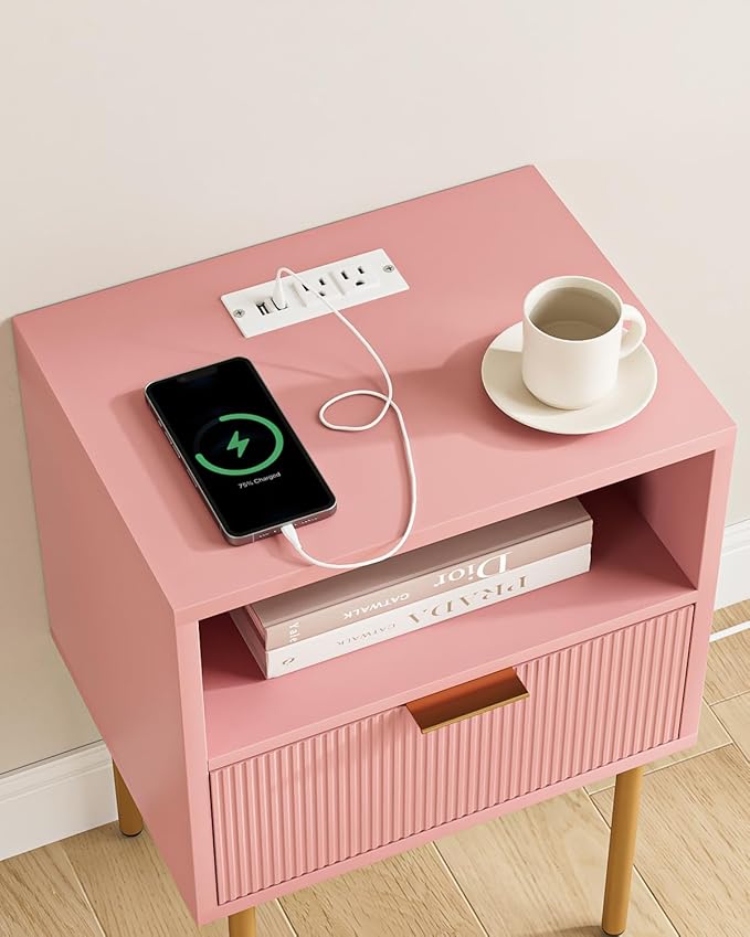 Masupu Nightstand with Charging Station, Mid-Century Modern Bedside Table with - Image 7