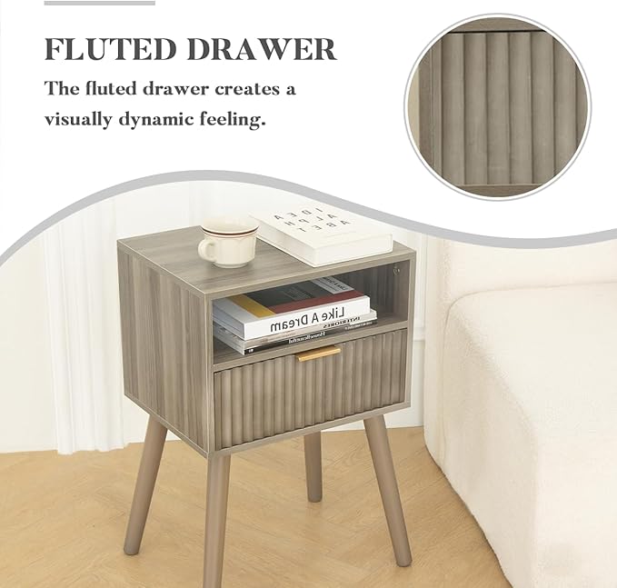 Grey Nightstand, Modern Night Stand Wood, Fluted Bedside Table - Image 7