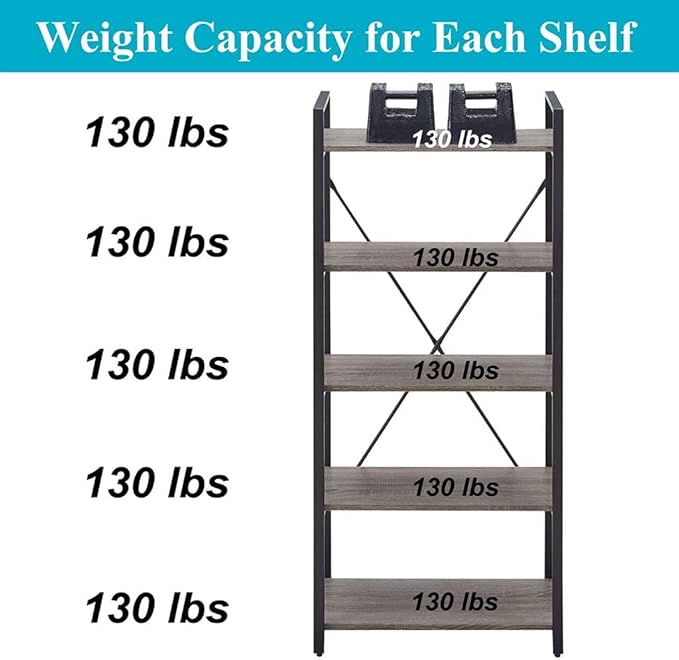 BON AUGURE Industrial Bookshelf, Etagere Bookcases and Book Shelves 5 Tier - Image 5