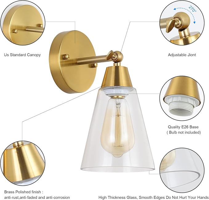 MWZ Gold Wall Sconce Set of 2, Modern Brushed Brass Sconces Lighting - Image 5