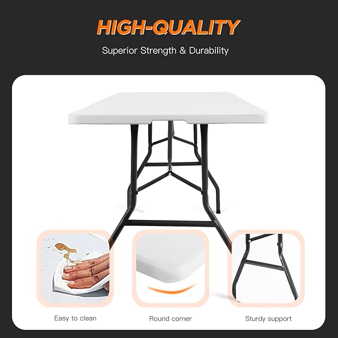 BestOffice 8FT Picnic Table Folding Table Camping Table Plastic Table Fold Up - Image 4