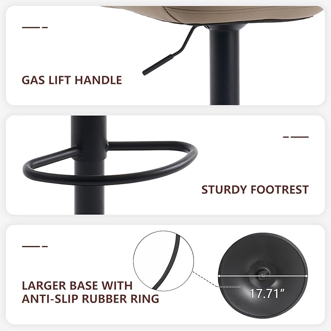 Kidol & Shellder Bar Stools Set of 2 Adjustable Swivel Khaki, PU Leather - Image 4