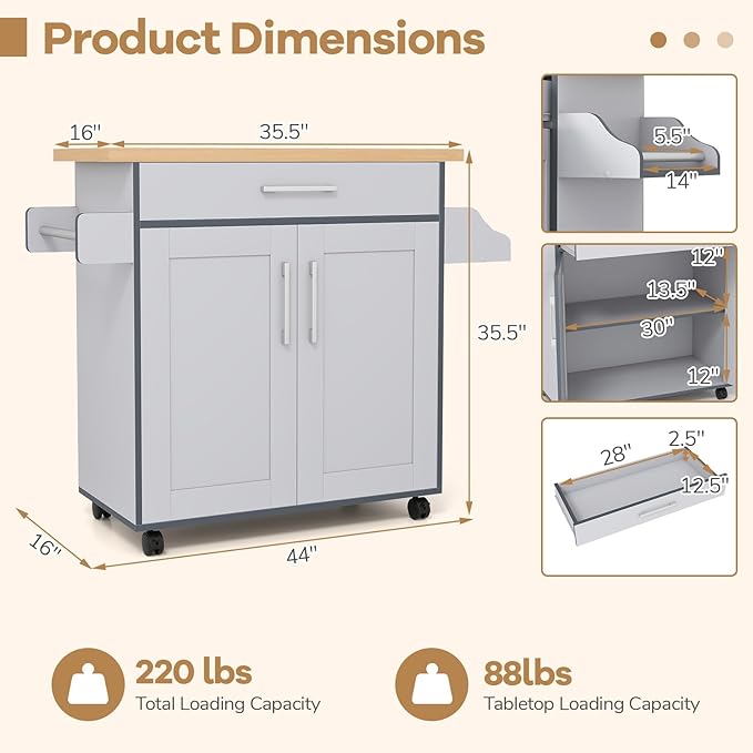 COSTWAY Kitchen Island On Wheels, Rolling Storage Trolley Cart - Image 6