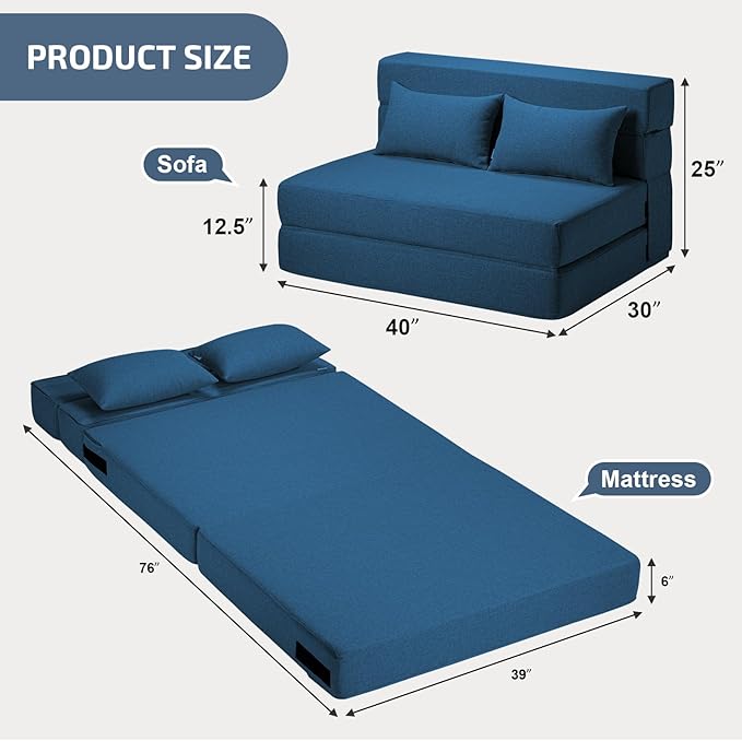 Folding Sofa Bed with Pillows- Convertible Chair Floor Couch & Sleeping Mattress - Image 2