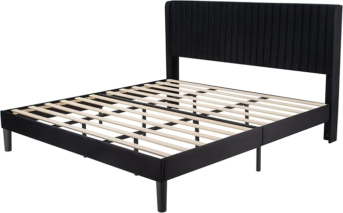 Allewie King Size Velvet Bed Frame/Vertical Channel Tufted Wingback - Image 8