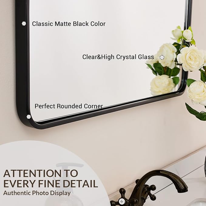 ANDY STAR 40X36 Inch Black Bathroom Mirror, Rounded Rectangle Mirror - Image 7