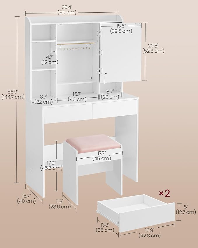VASAGLE Vanity Desk with Mirror and Lights, Makeup Vanity with Upholstered - Image 5