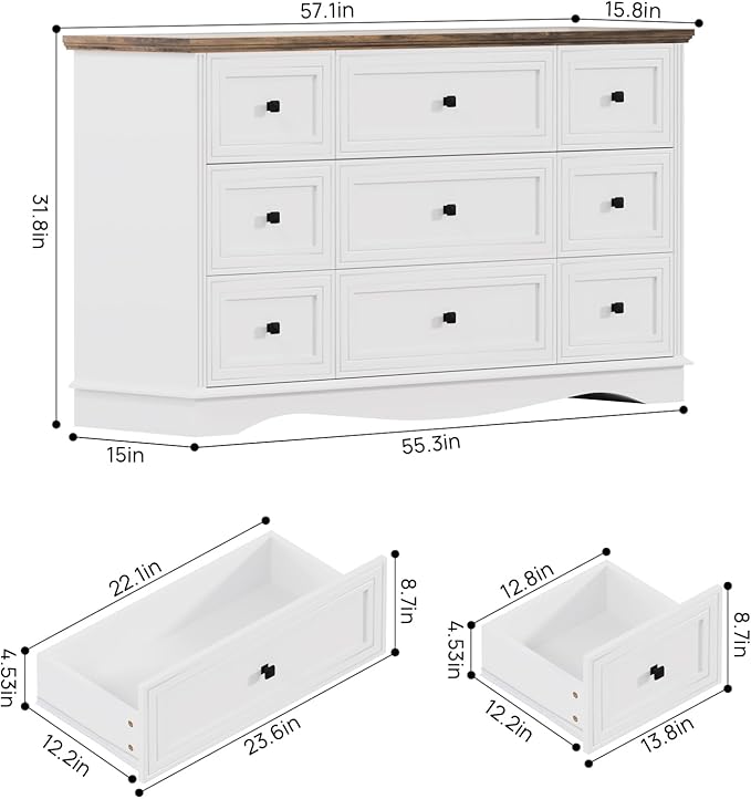 57" Wooden Dresser with 9 Drawers, Modern Farmhouse Furniture Organizer - Image 3