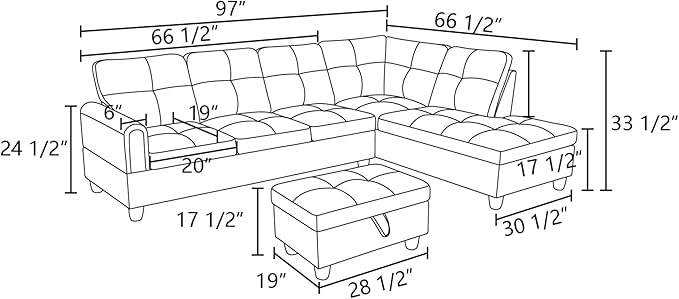L Shaped Sectional Sofa with Ottoman, Modern Couches - Image 2