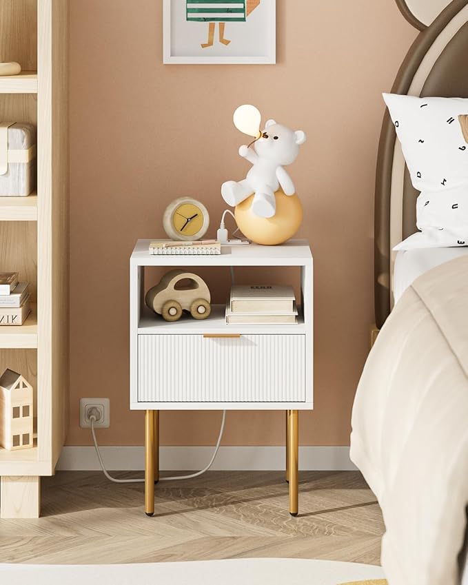 Nightstand with Charging Station, Morden Bedside Table with Gold Frame - Image 6