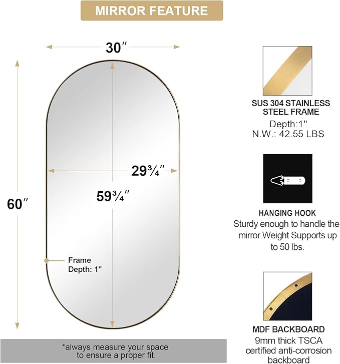 ANDY STAR Gold Bathroom Mirror 60 x 30 Inch, Full Length Mirror, Oval Vanity - Image 4
