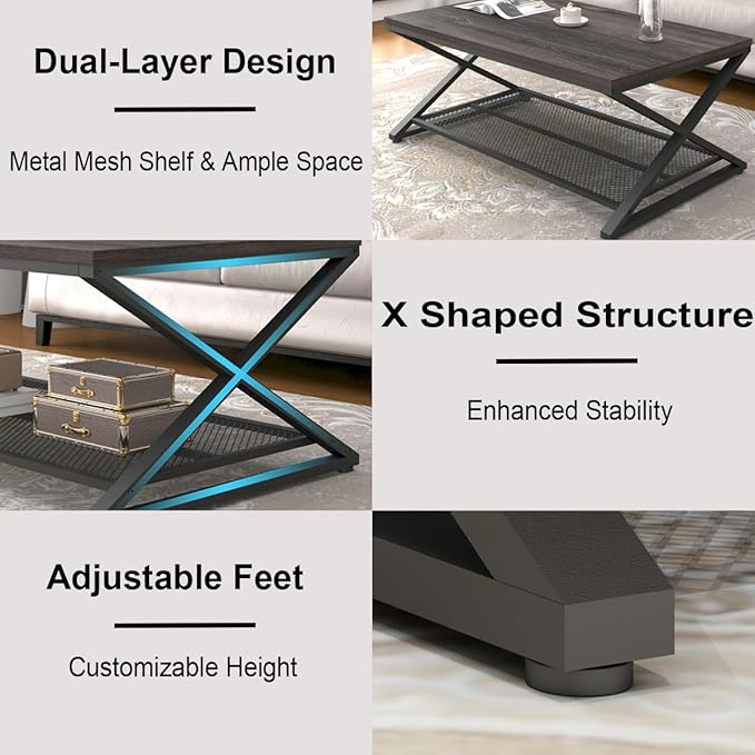 LVB Industrial Grey Coffee Table, 2 Tier Wood Metal Living Room Table, Wooden - Image 6