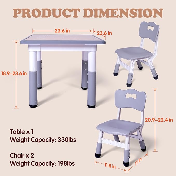Kids Table and 2 Chairs Set, Height Adjustable Toddler Study Table and Chair Set - Image 5