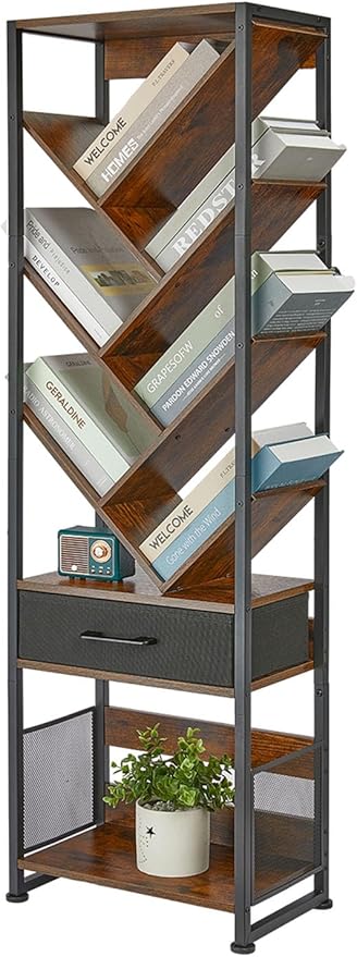 Bookshelf with Drawer, 10 Tier Tree Bookcase Retro Floor Standing Bookshelves - Image 9