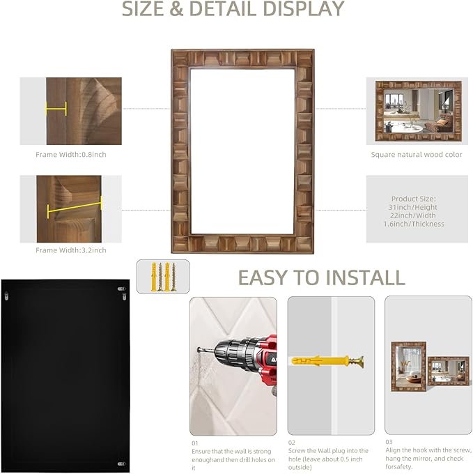 22x30 Inch Farmhouse Rectangular Wall Mirror, Rustic Wooden Frame Decorative - Image 5