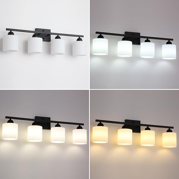 Milk Glass Vanity Lights for Bathroom, 4 Light Matte Black Bathroom Light - Image 3