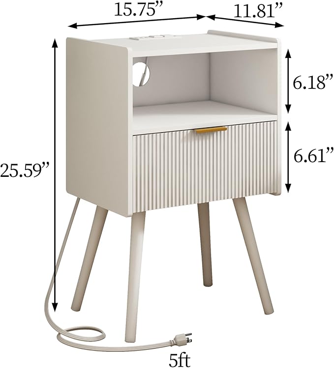 White Nightstand with Outlet, Modern Bedside Table with Storage Drawer and Open - Image 2
